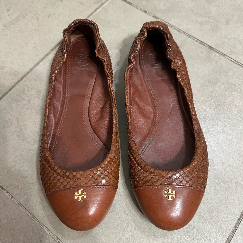 Tory Burch Brown Flats with Gold Logo